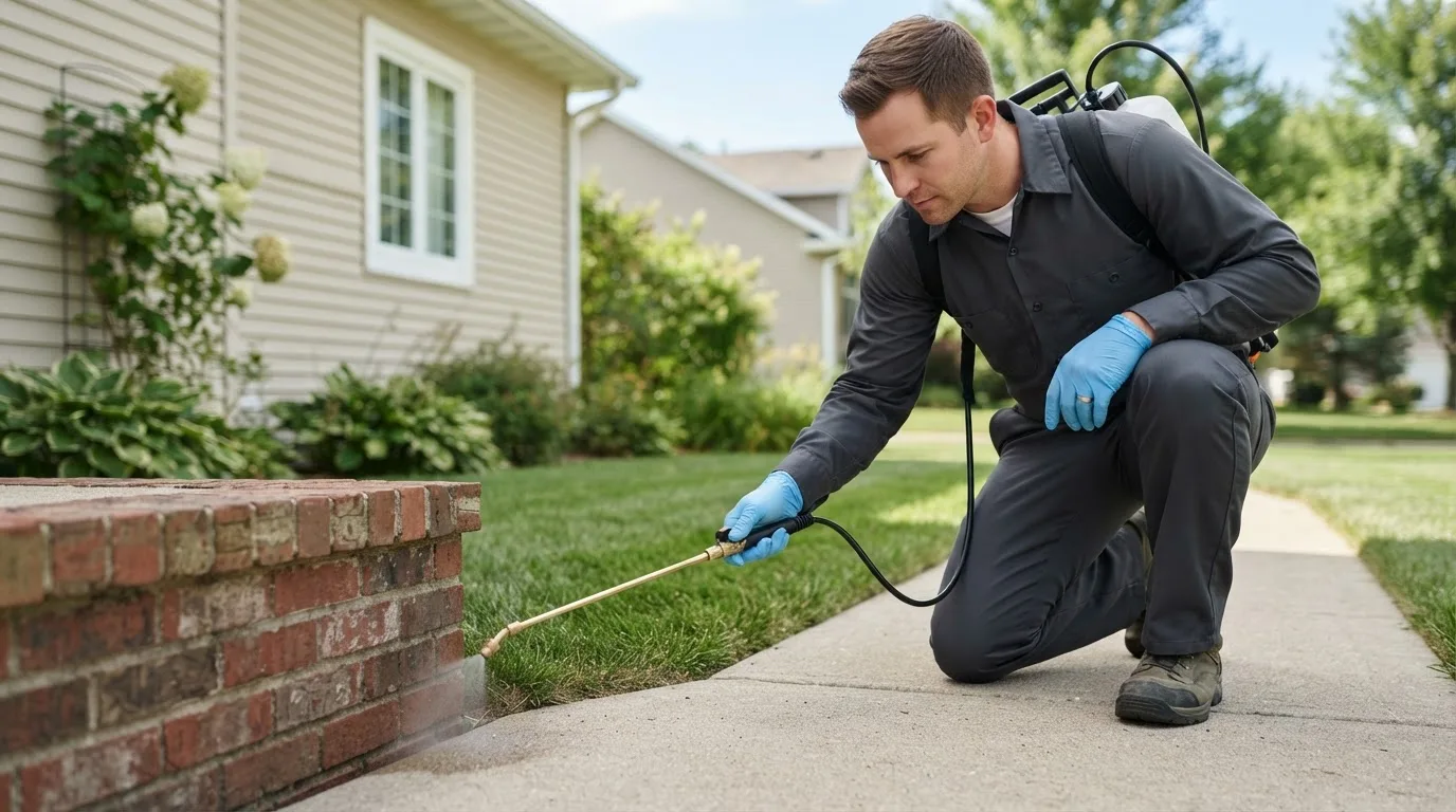 Pest control technician treating a home near Claremont, MN