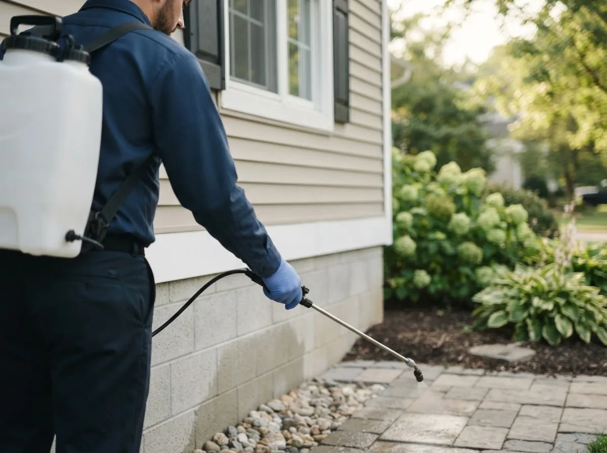 Pest control technician inspecting a home in Claremont, MN
